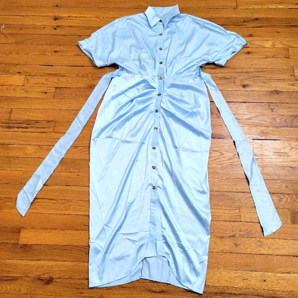 Summer Blue Satin T Shirt Wrap Belt Maxi Dress.